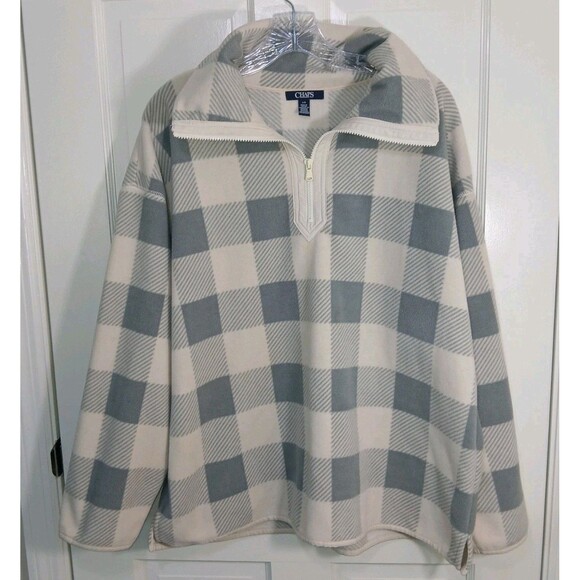 Chaps Women's L/G Plaid Buffalo Check Fleece 1/4 Zip Pullover Sweatshirt Gray - Picture 2 of 16